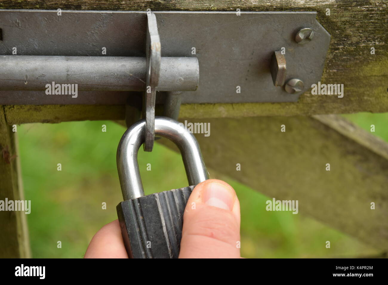 Padlock on a wooden gate Stock Photo