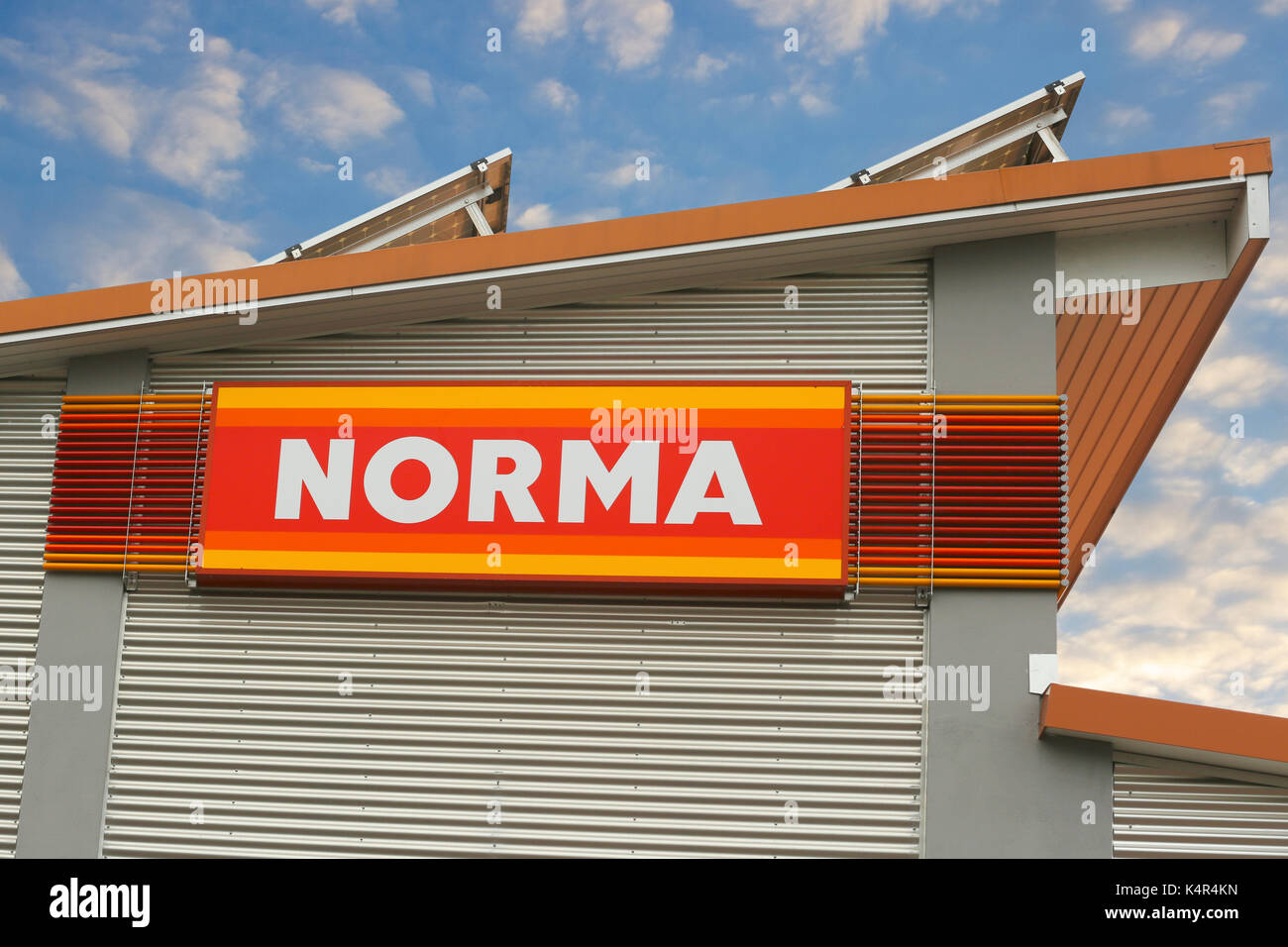 GIESSEN, GERMANY JULY, 2017: NORMA supermarket chain sign. NORMA is a GERMAN global discount supermarket chain, based in Fürth, Bayern, Germany, Stock Photo