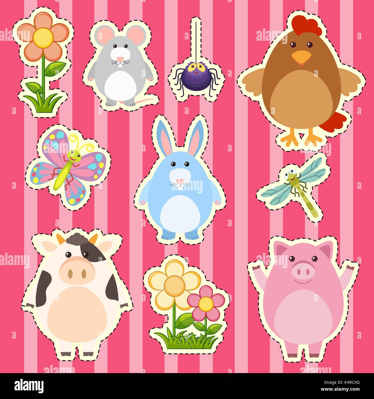 Sticker design with cute animals and flowers illustration Stock Vector