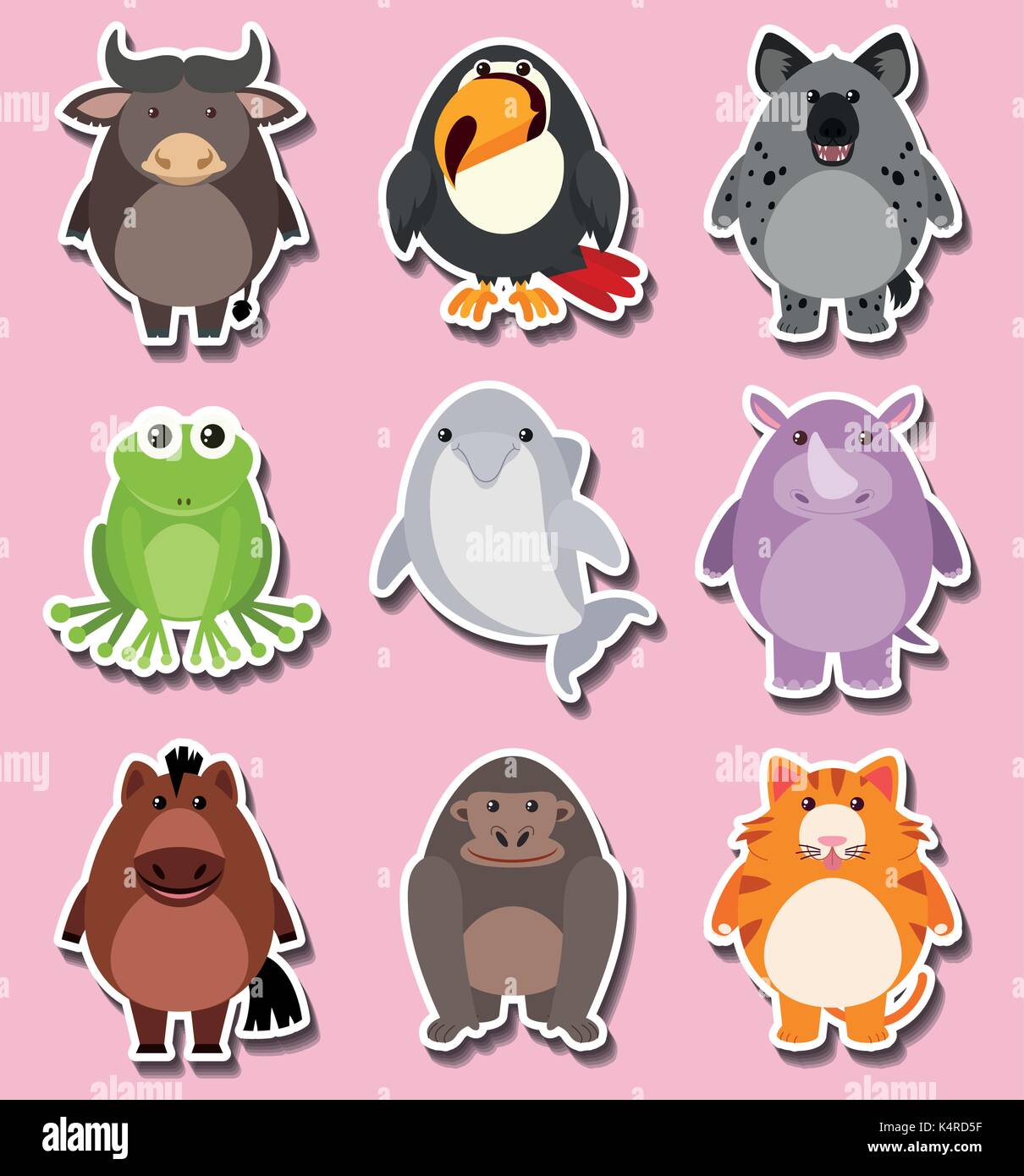 Sticker Design With Cute Animal Characters Illustration Stock Vector