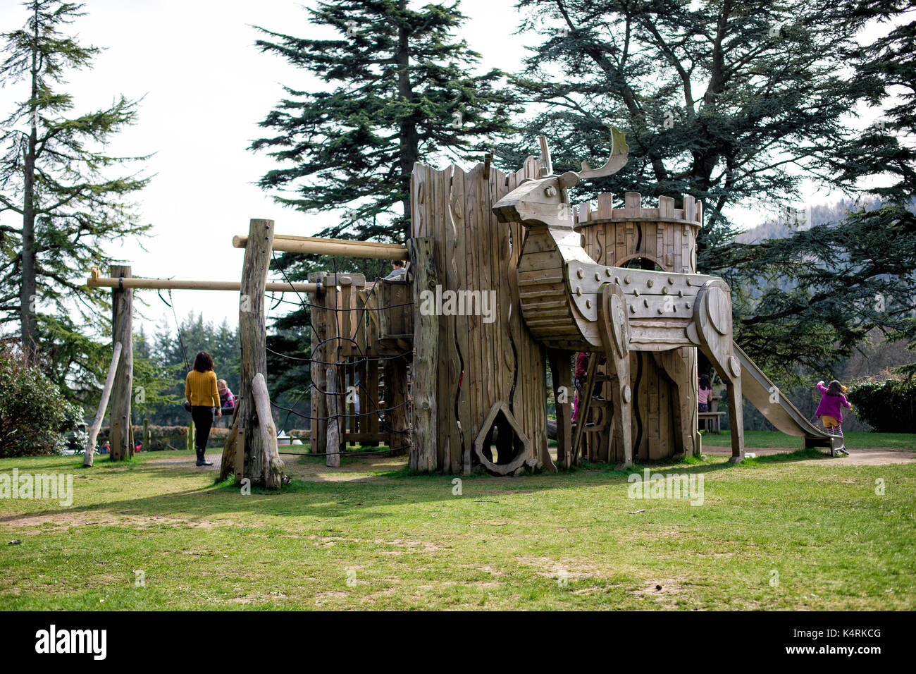 Nature Play Playground with Big Deer in Tollymore Forest Park Castlewellan Newcastle County Down Northern Ireland Stock Photo