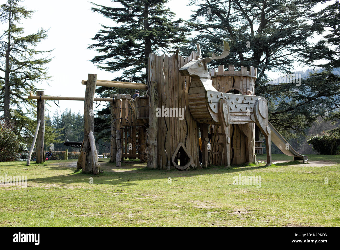 Nature Play Playground with Big Deer in Tollymore Forest Park Castlewellan Newcastle County Down Northern Ireland Stock Photo