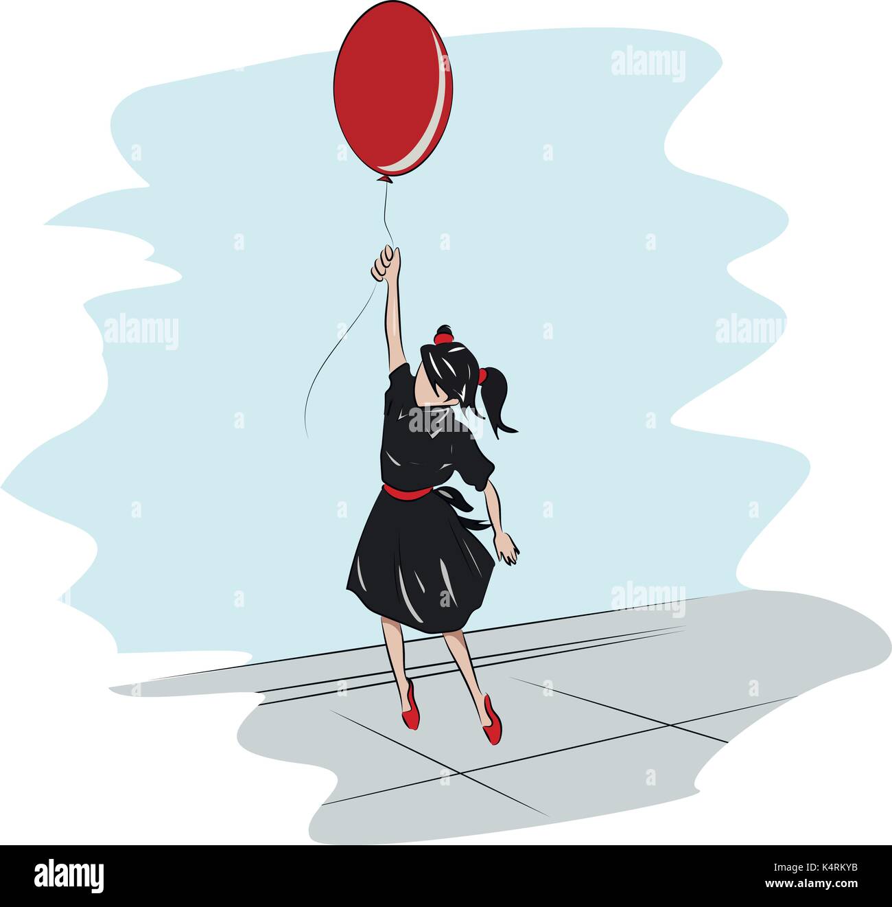 Little school Girl with a red balloon flying in the sky Stock Vector