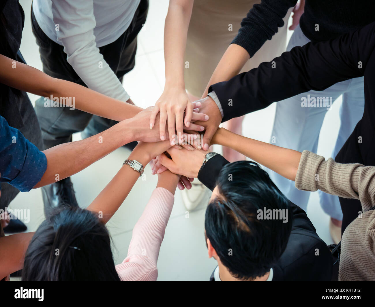 hands of business team on workspace background top view , Stock Photo