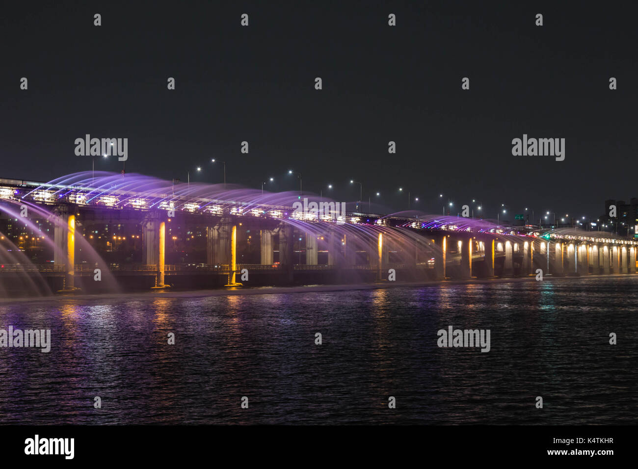 Banpo Bridge, also called the Moonlight Rainbow Fountain is the world's longest fountain bridge located in Seoul, South Korea. Stock Photo