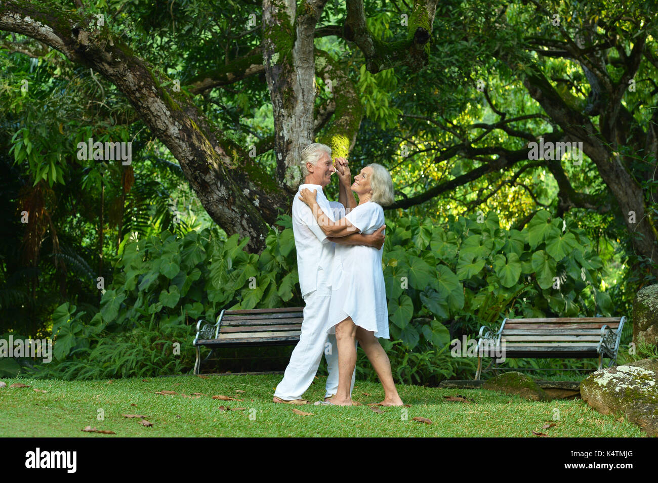 portrait of beautiful caucasian senior couple in the park dancing Stock ...