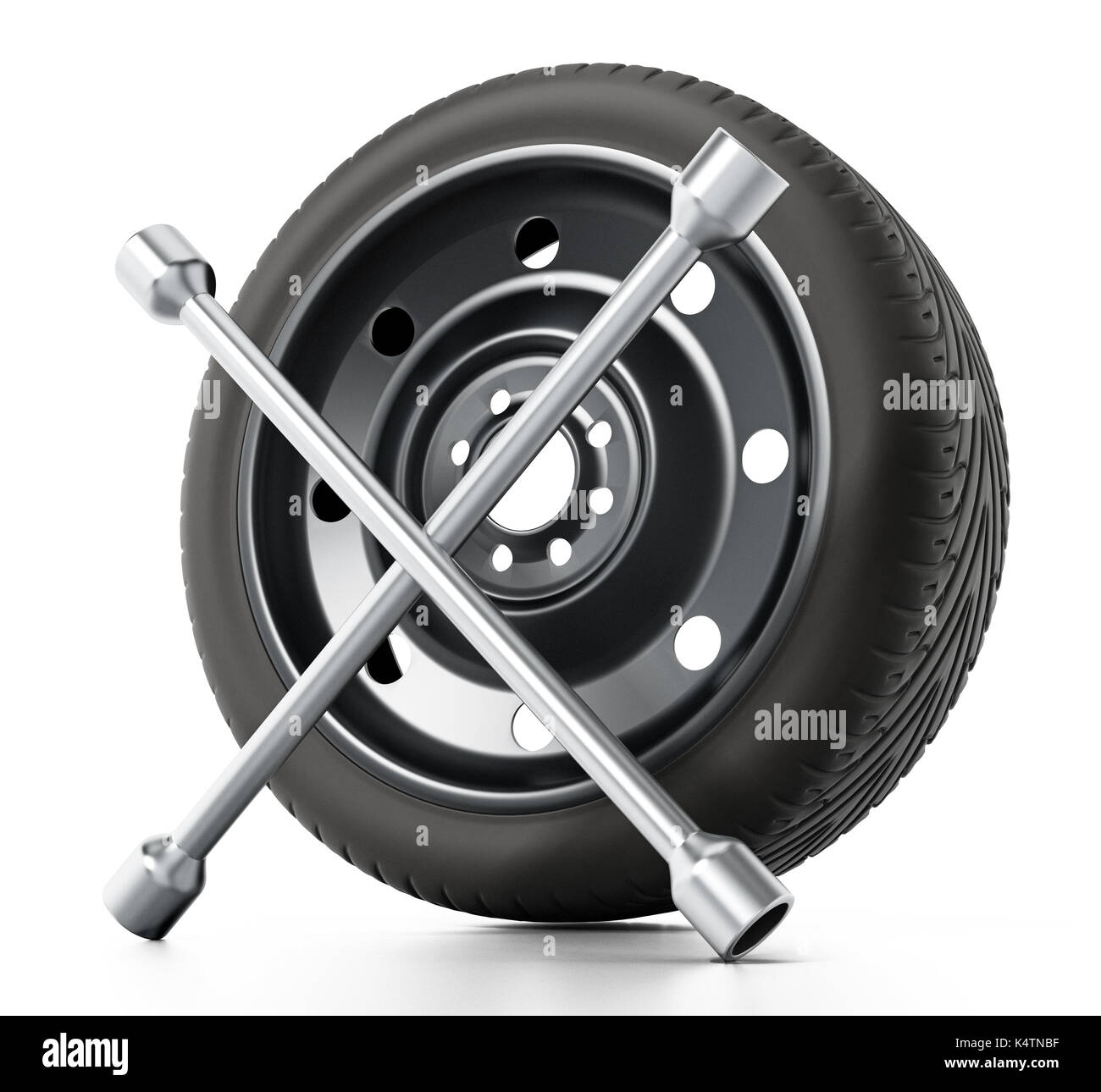 Spare car tyre and wheel nut wrench isolated on white background. 3D