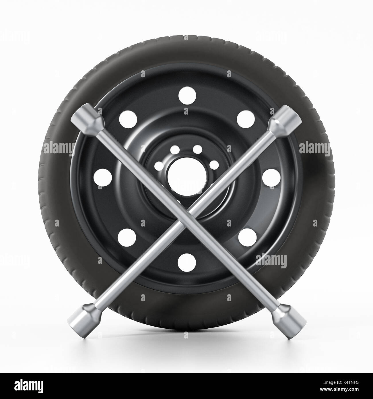 Spare car tyre and wheel nut wrench isolated on white background. 3D illustration Stock Photo