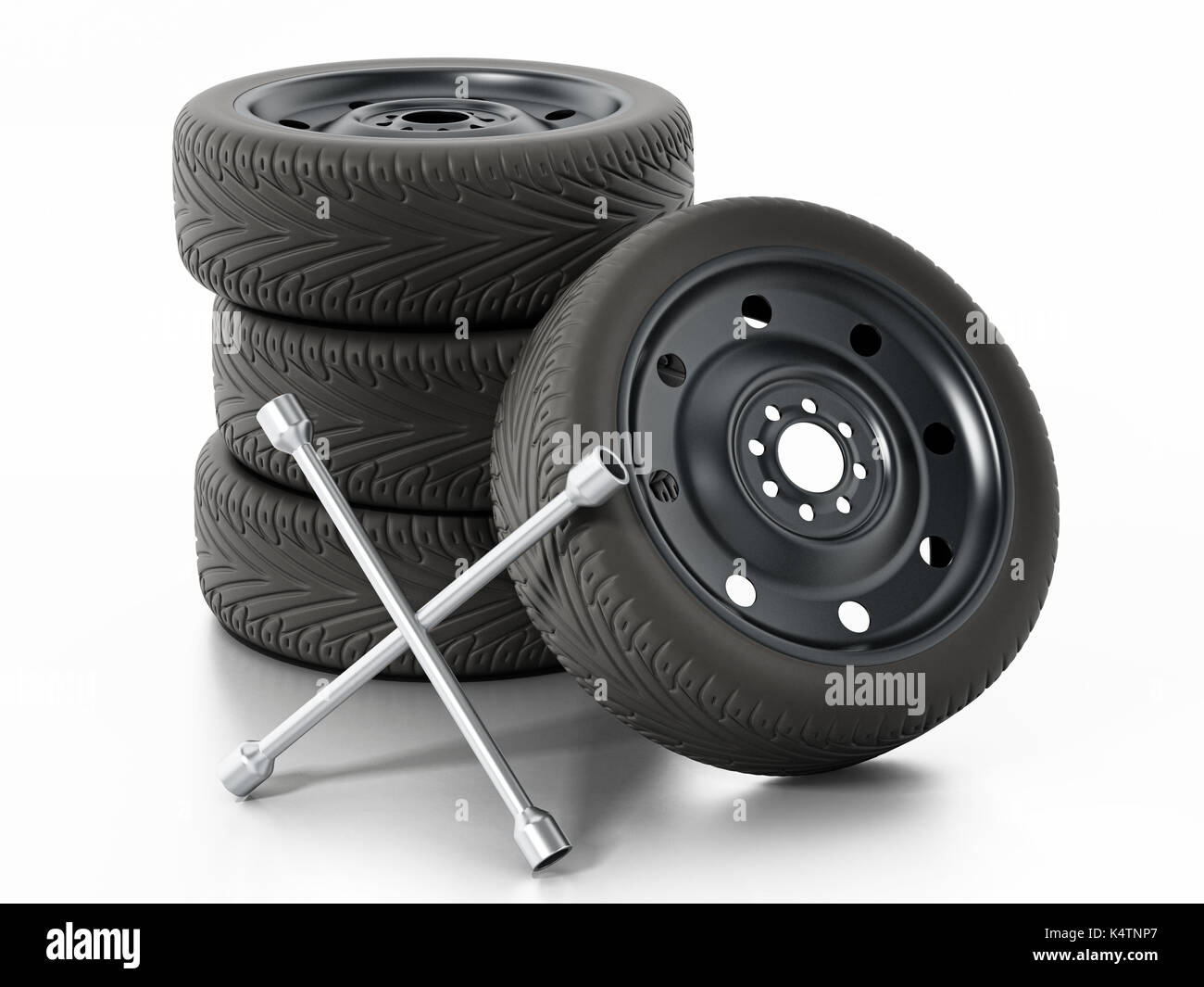 Spare car tyres and wheel nut wrench isolated on white background. 3D