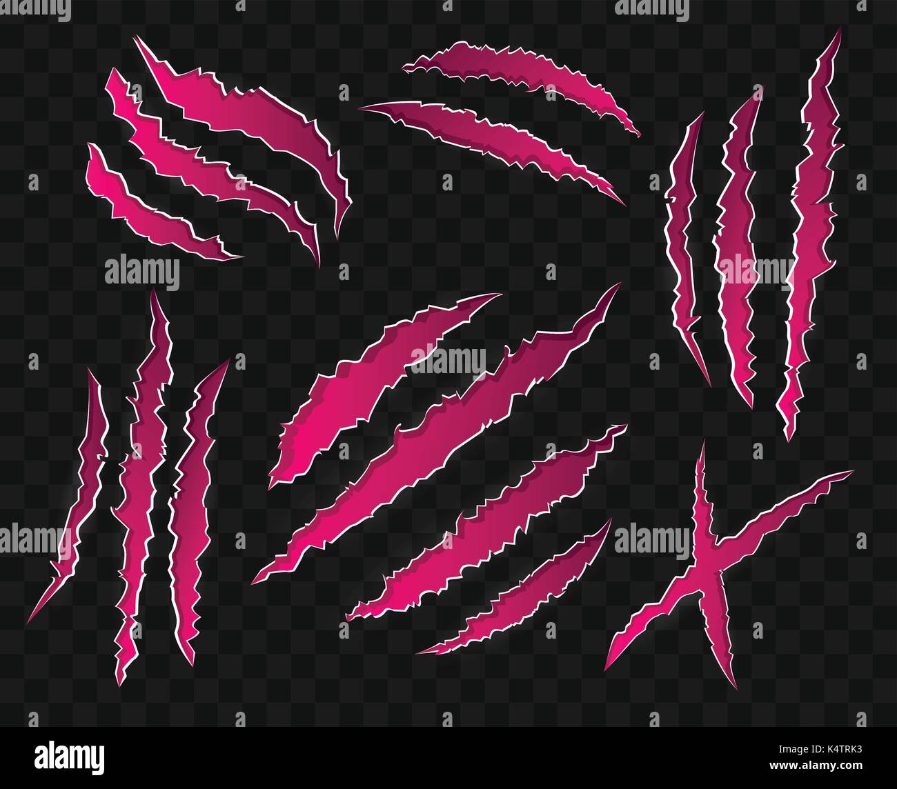 Pink scratches on transparent background - - modern set of vector icons. Fifteen marks of wild animal claws, different shapes. Scars from tiger, bear, Stock Vector