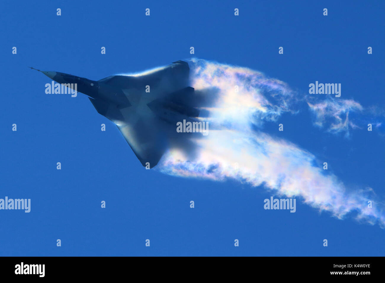 Zhukovsky, Moscow Region, Russia - August 24, 2013: Sukhoi T-50 PAK-FA 052 BLUE in Zhukovsky during MAKS-2013 Stock Photo