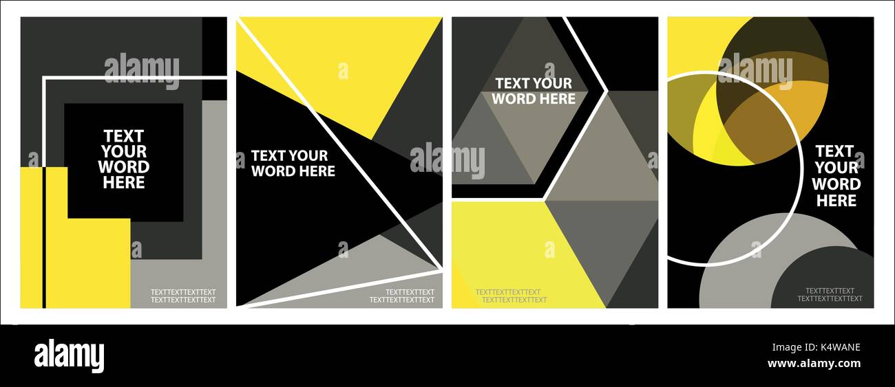 Set of 4 minimal geometric graphic covers design. Simple poster template with space for text in black and yellow. Stock Vector