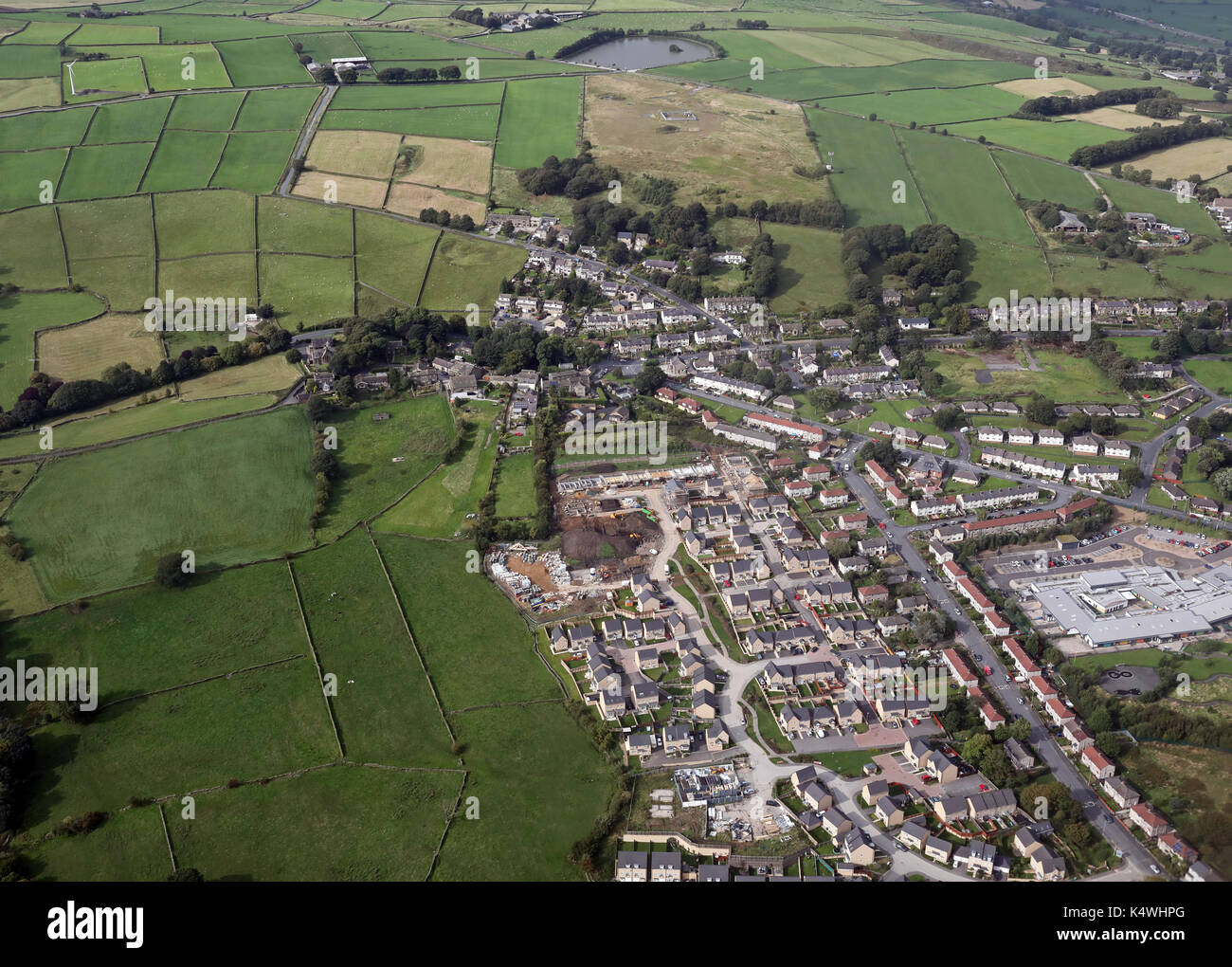 aerial view of new green belt housing development, West Yorkshire, UK Stock Photo