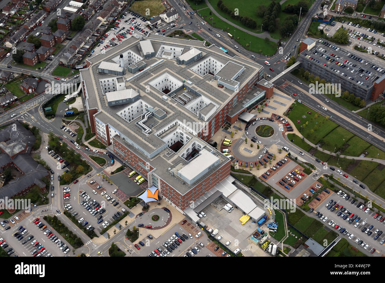 aerial view of new green belt housing development, Yorkshire, UK Stock Photo