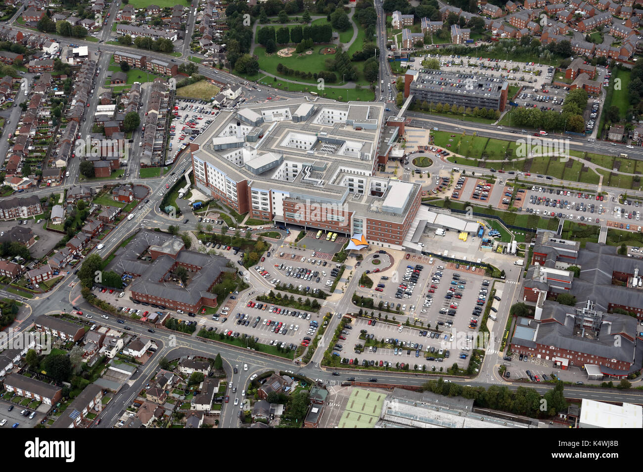 aerial view of new green belt housing development, Yorkshire, UK Stock Photo