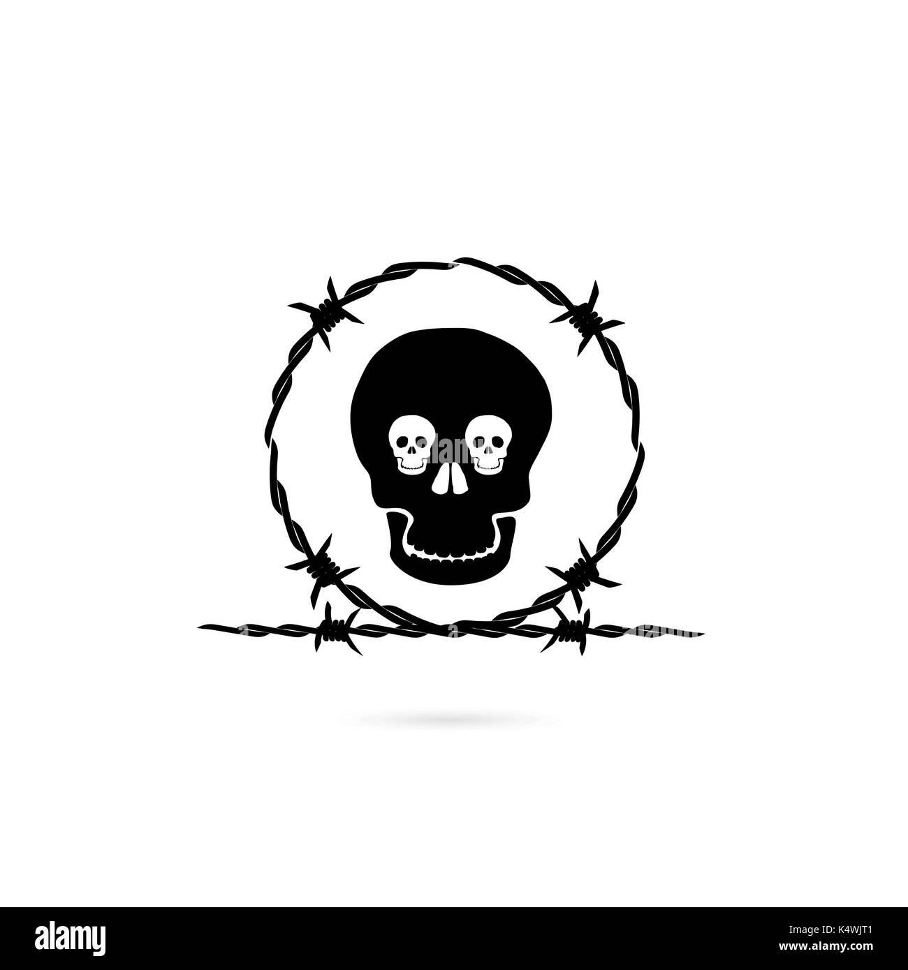Human skull silhouettes and barbed wire icon. Human skull and barbed wire tattoo logo design vector template.Skull front face logo.Vector illustration Stock Vector