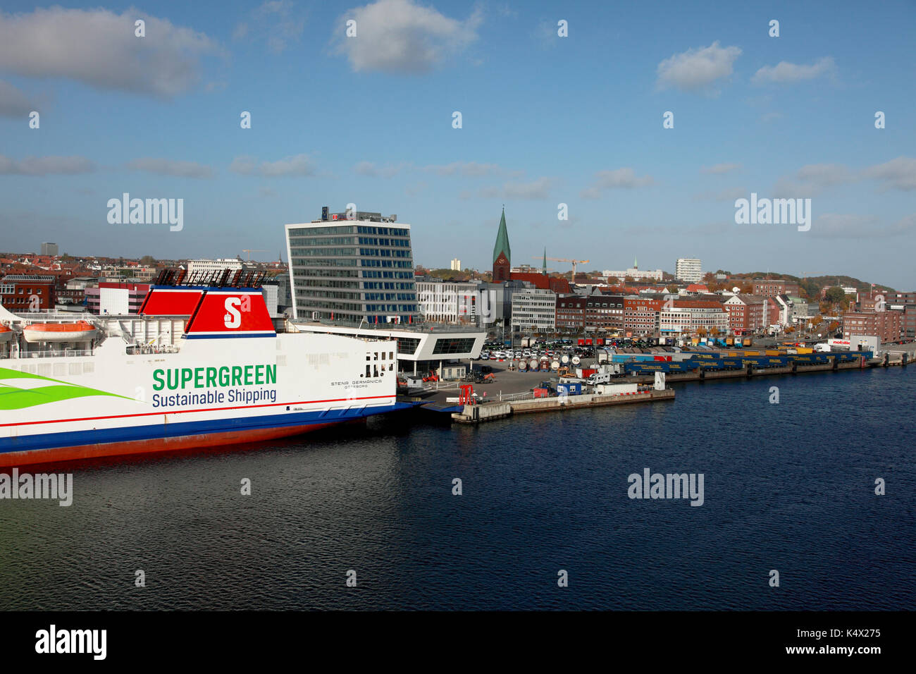 The Stena Line ferry, Stena Germanica, and the Stena Line building, Kiel harbour, northern Germany Stock Photo