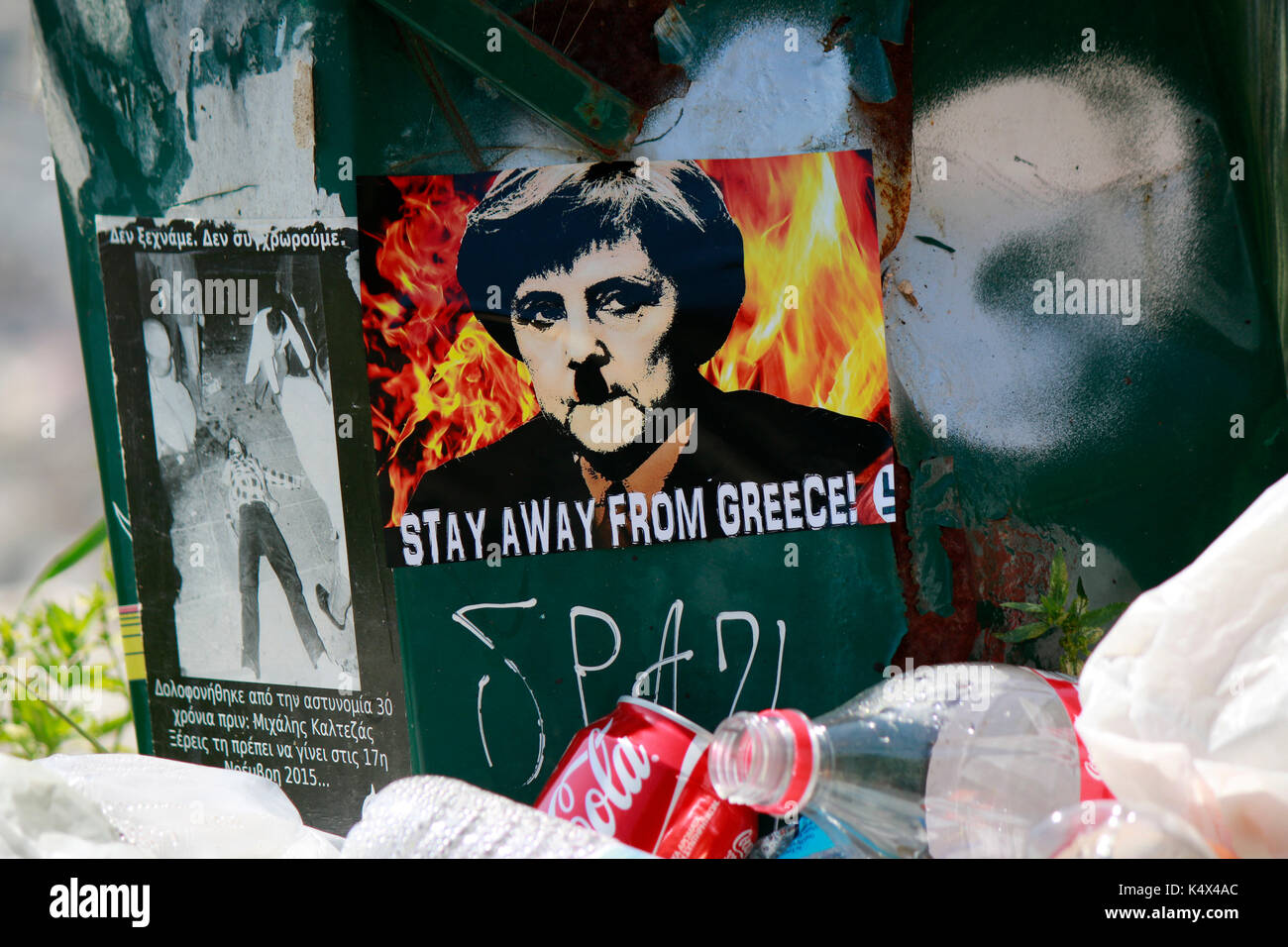 Aufkleber mit dem Portrait der dt. Bundeskanzlerin Angela Merkel in Braunhemd und mit Hakenkreuz mit dem Slogan 'Stay away from Greece' - Impressionen Stock Photo