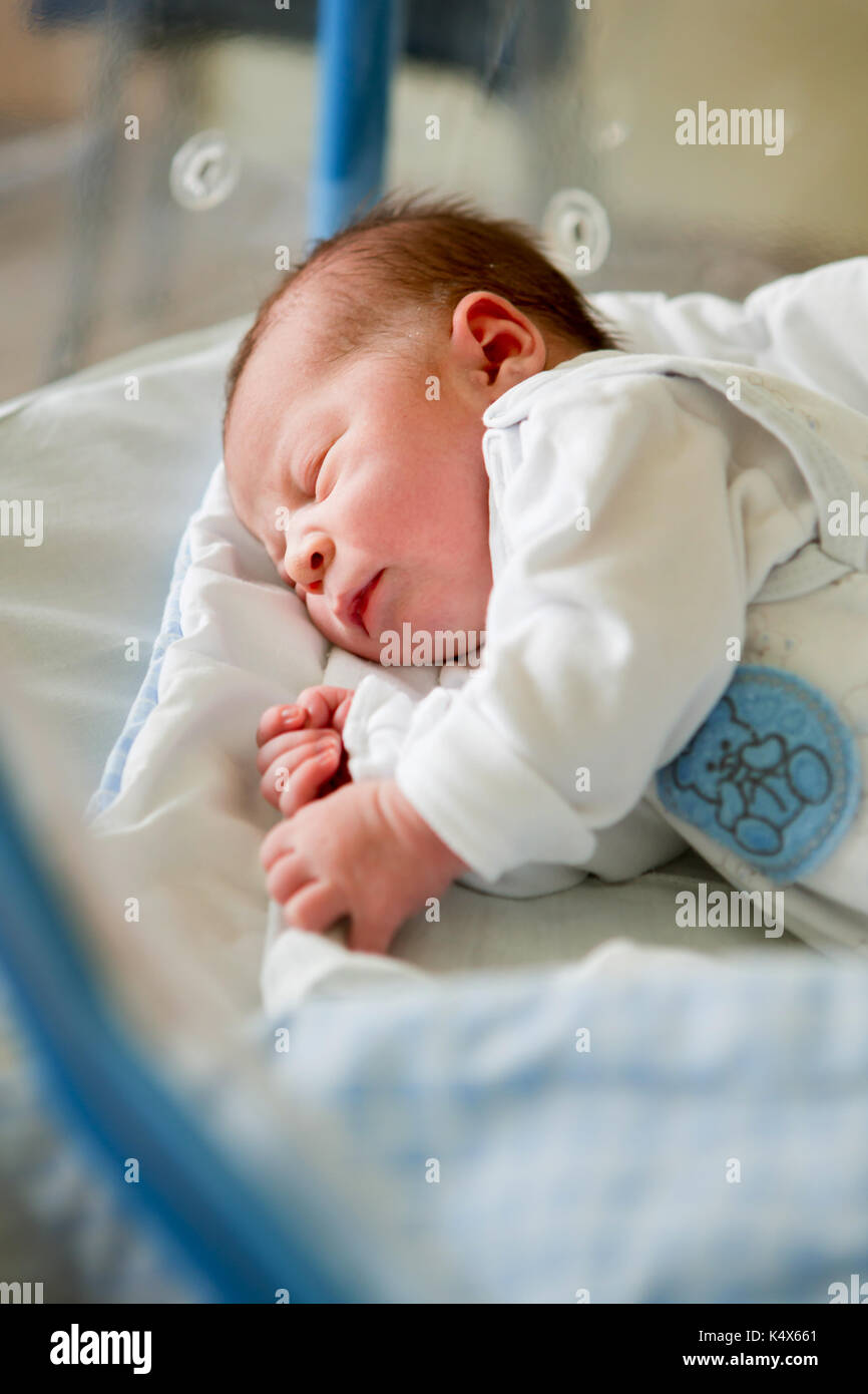 Beautiful newborn baby boy, laying in crib in prenatal hospital Stock Photo