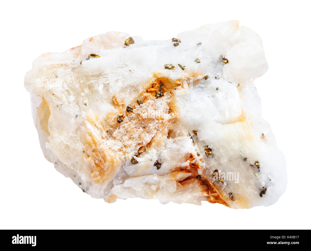 macro shooting of natural mineral stone - specimen of quartz rock with natural gold pieces isolated on white background Stock Photo