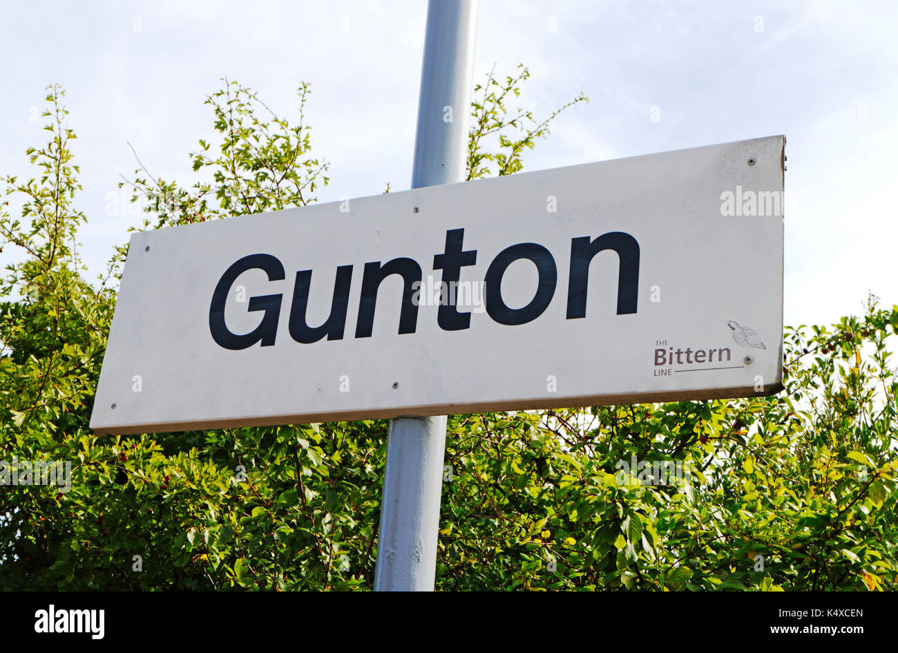 Railway station sign on the Bittern Line at Gunton, Norfolk, England, United Kingdom, Europe. Stock Photo