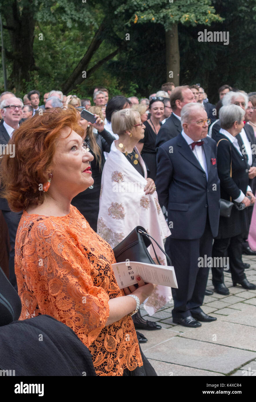 patrons waiting for brass fanfare, Bayreuth Opera Festival 2017, Bavaria, Germany Stock Photo