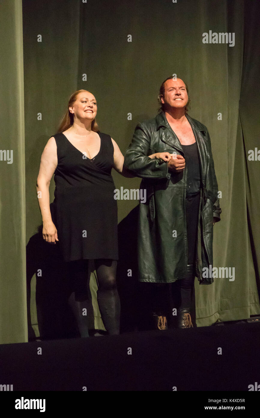 Catherine Foster as Brunnhilde, Stefan Vinke as Siegfried in curtain call at Wagner's Gotterdammerung, Bayreuth Opera Festival 2017, Bavaria, Germany Stock Photo