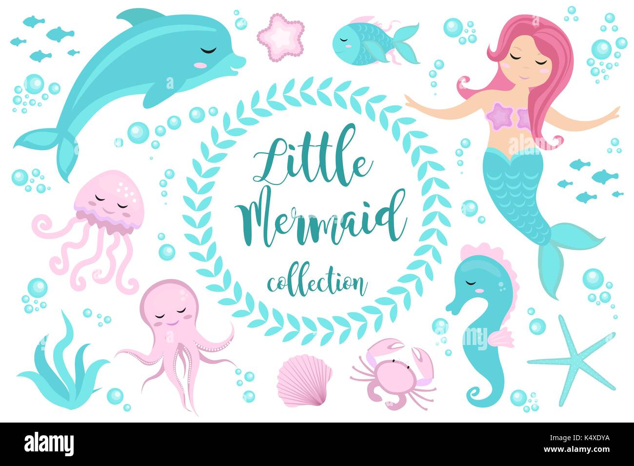 Cute set Little mermaid and underwater world. Fairytale princess mermaid and dolphin, octopus, seahorse, fish, jellyfish. Under water in the sea mythical marine collection. Stock Vector