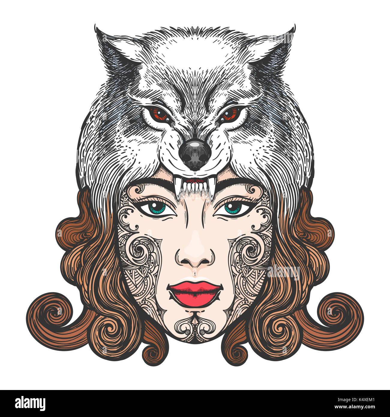 Girl face with tribal tattoo in a hat in the form of a wolf's head. Vector ilustration Stock Vector