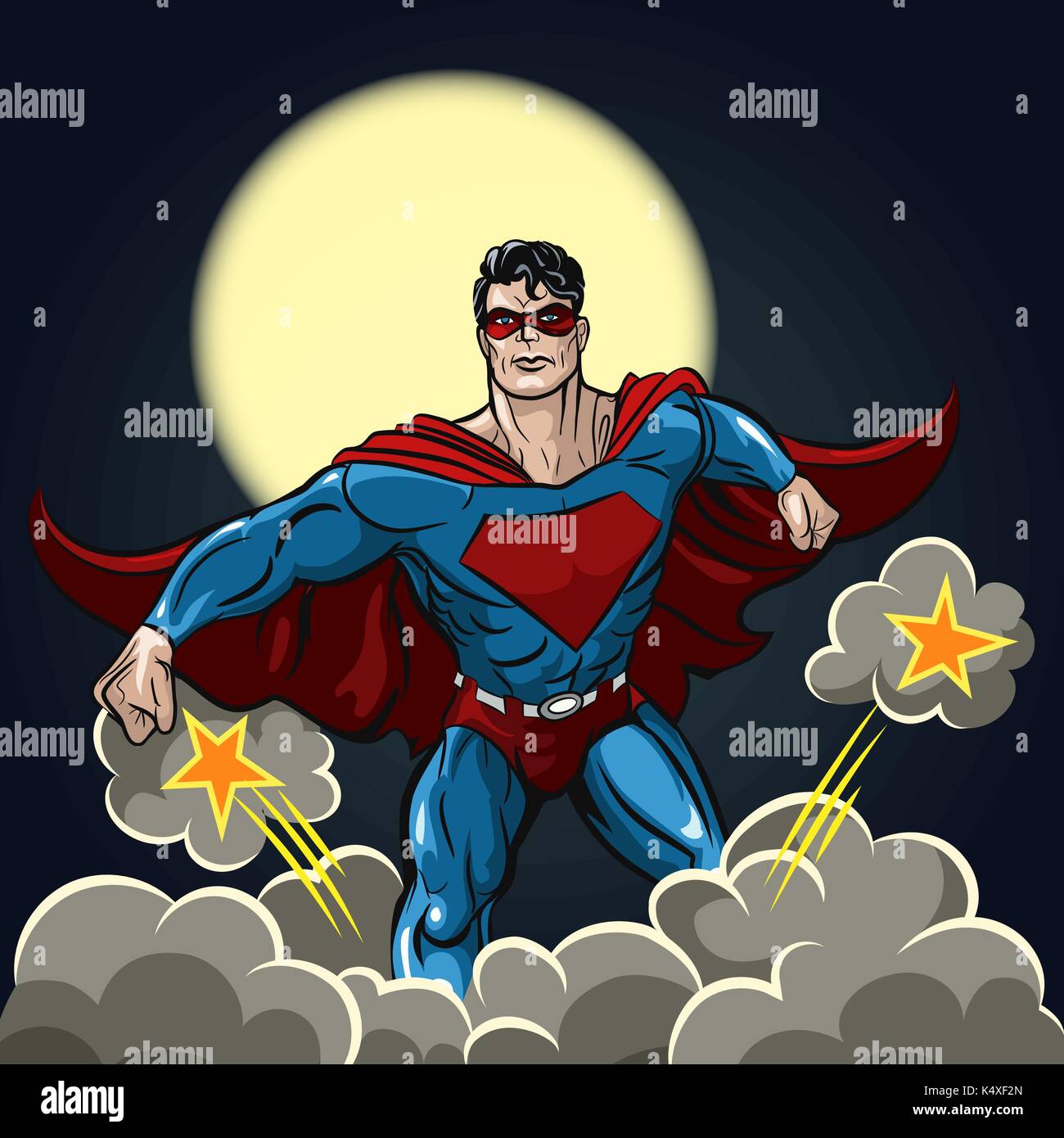 Superhero standing with cape flowing in the wind against clouds of smoke and sparkles. Vector illustration Stock Vector