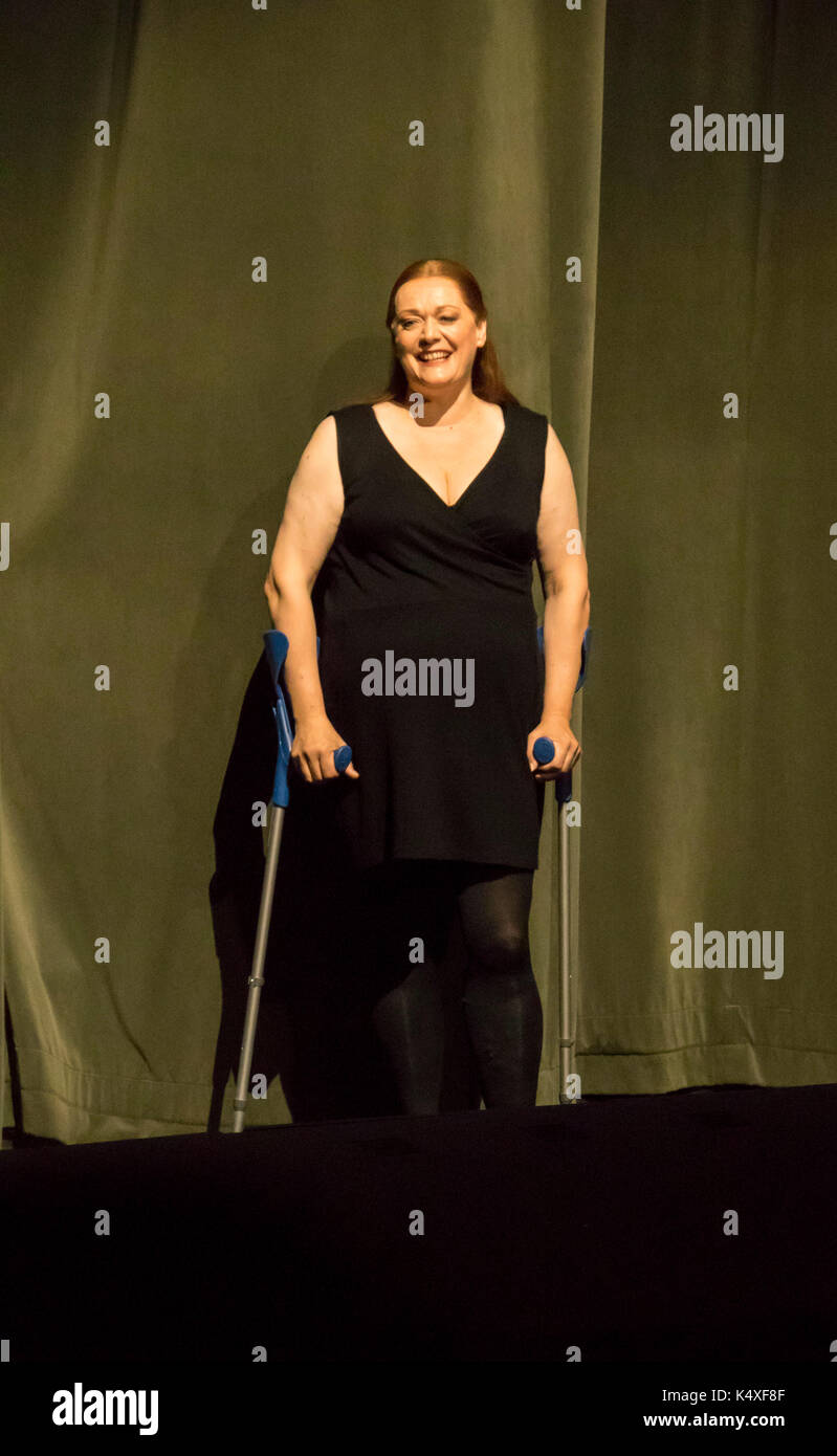 injured Catherine Foster on crutches taking a curtain call at Wagner's Gotterdammerung, Bayreuth Opera Festival 2017, Bavaria, Germany Stock Photo