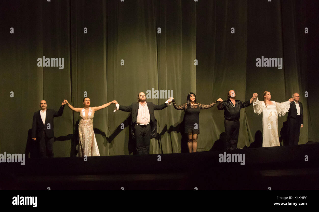 the cast taking a curtain call , Siegfried, Bayreuth Opera Festival 2017, Bavaria, Germany Stock Photo