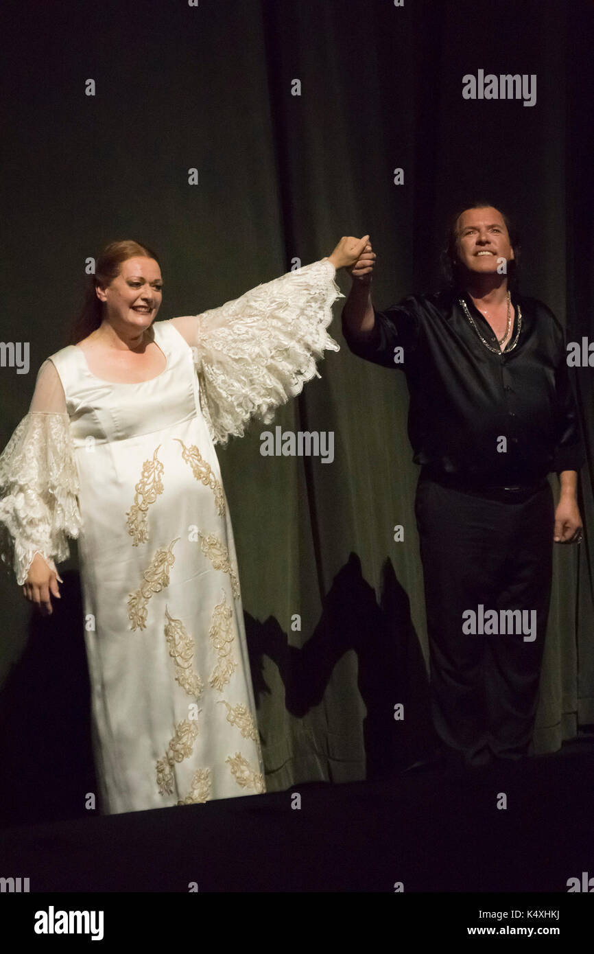 Catherine Foster as Brunnhilde and Stefan Vinke as Siegfried taking a curtain call , Siegfried, Bayreuth Opera Festival 2017, Bavaria, Germany Stock Photo