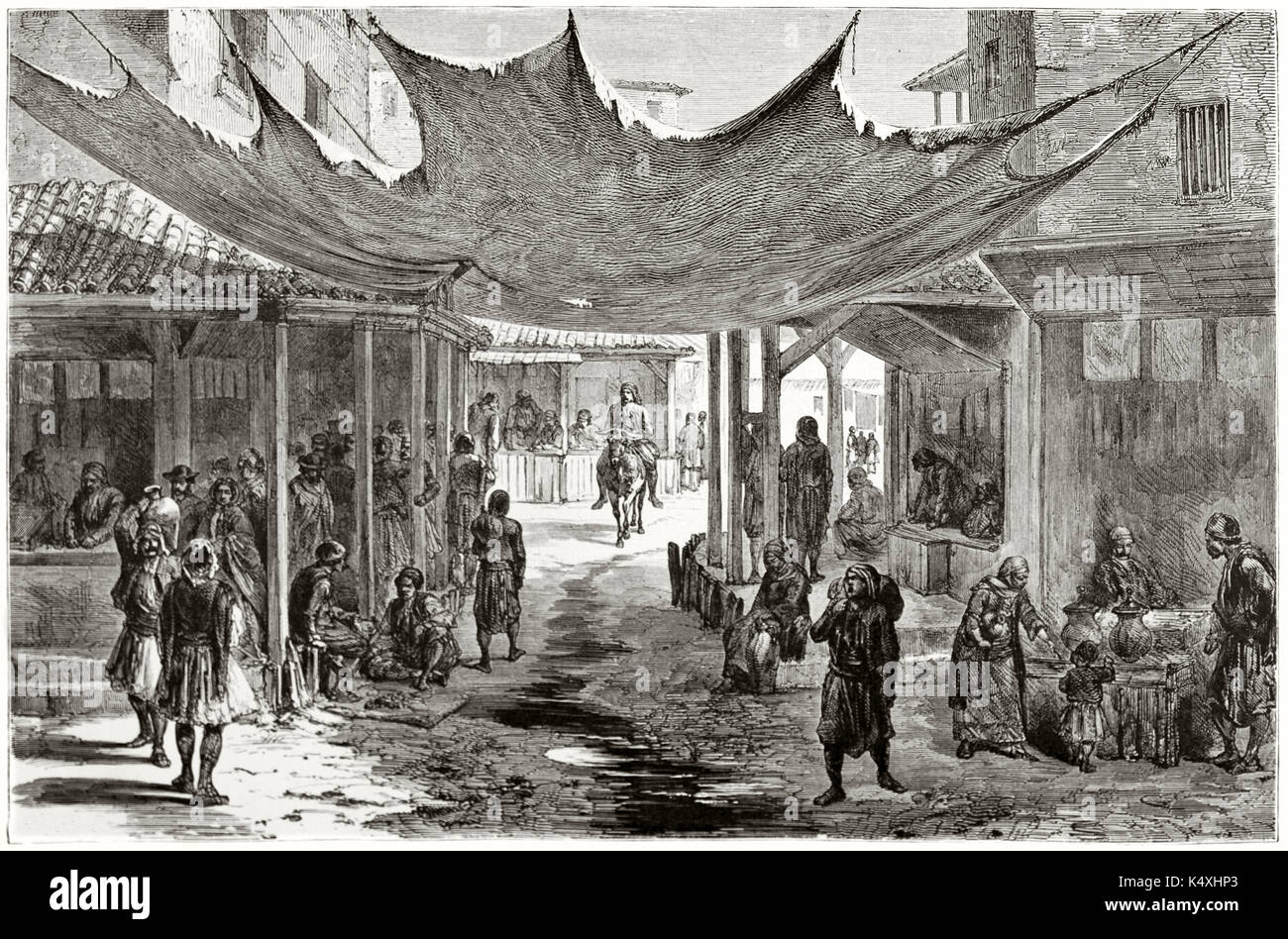 Ancient greek urban context with people living on a narrow street. The Agora Athens. Created by Proust published on Le Tour du Monde Paris 1862 Stock Photo