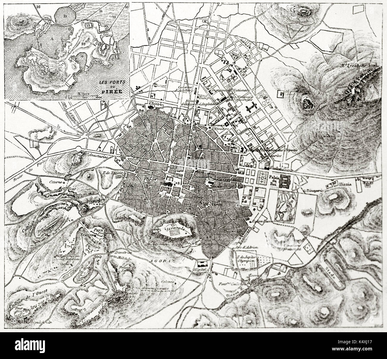 Ancient sepia tone topographic map of Athens with Piraeus insert map, Greece. By unidentified author published on Le Tour du Monde Paris 1862 Stock Photo