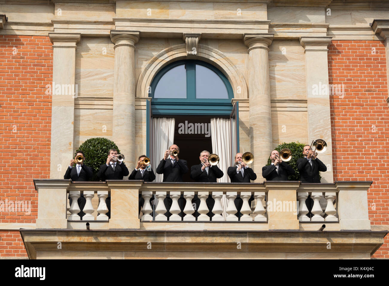 pre-performance fanfare, The Bayreuth Festspielhaus or Bayreuth Festival Theatre opera house, Franconia, Bavaria, Germany Stock Photo