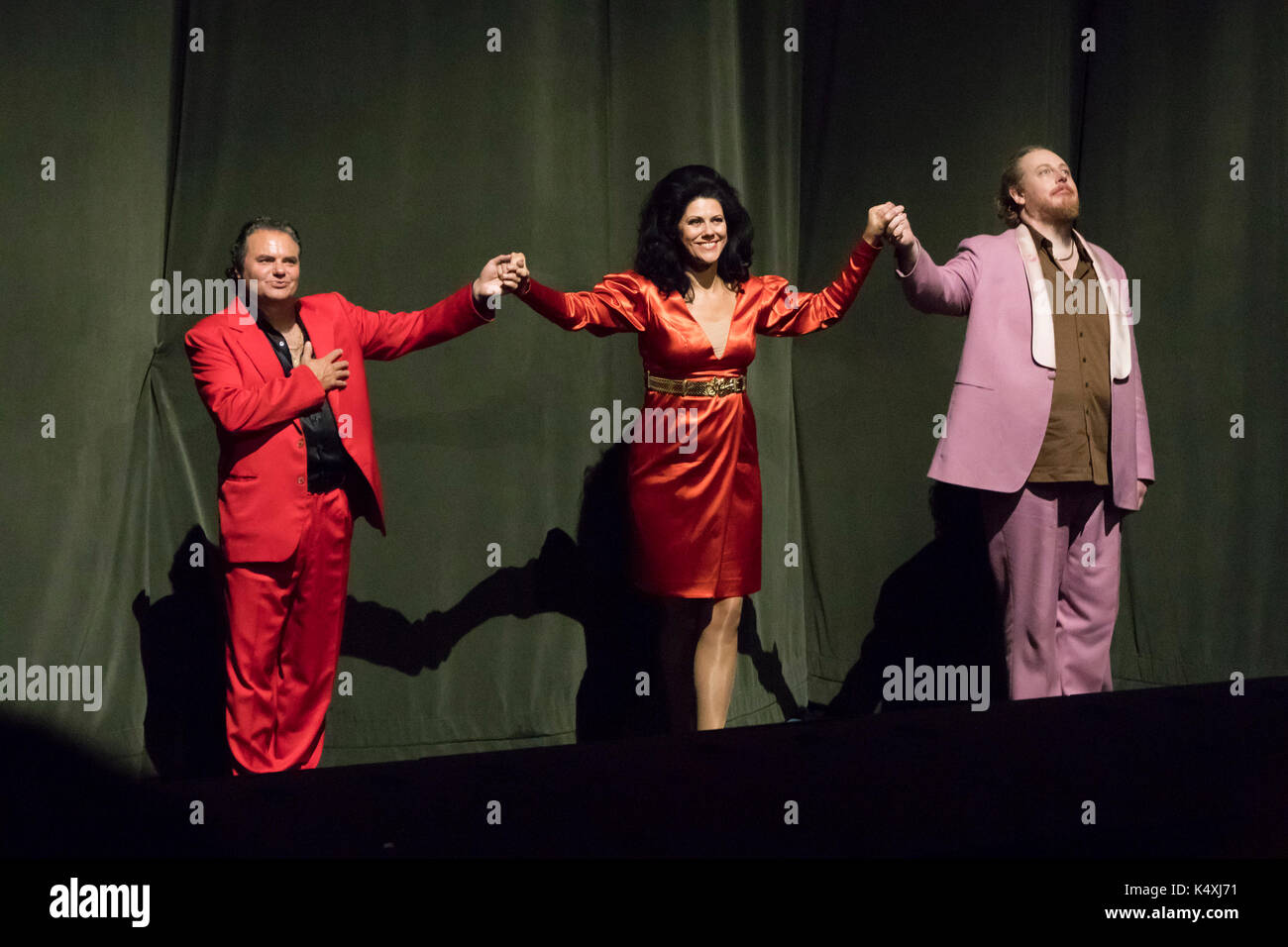 Iain Paterson Tanja Ariane Baumgartner  and Roberto Saccà taking a curtain call at Wagner's Rheingold, Bayreuth Opera Festival 2017, Bavaria, Stock Photo