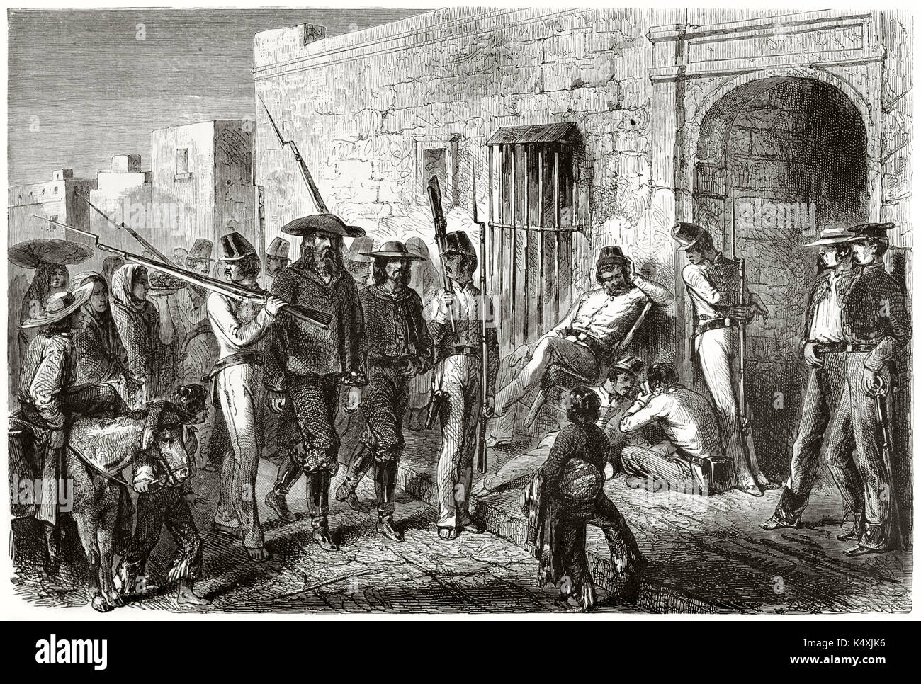 Ancient prisoner taken to jail by guards. Ernest Vigneaux capture in Mexico. Created by Riou and Pouget published on Le Tour du Monde Paris 1862 Stock Photo
