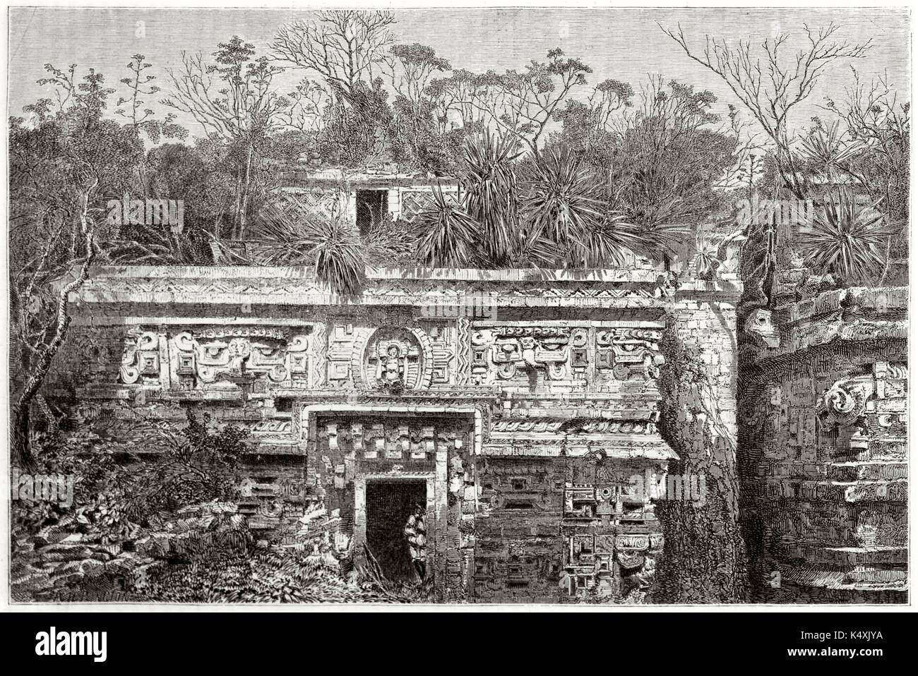 Front view of ruins of an ancient Maya temple emerging from thick vegetation in the jungle. Chiche-Itza Maya archaeological site Yucatan Mexico. By Guaiaud on Le Tour du Monde Paris 1862 Stock Photo