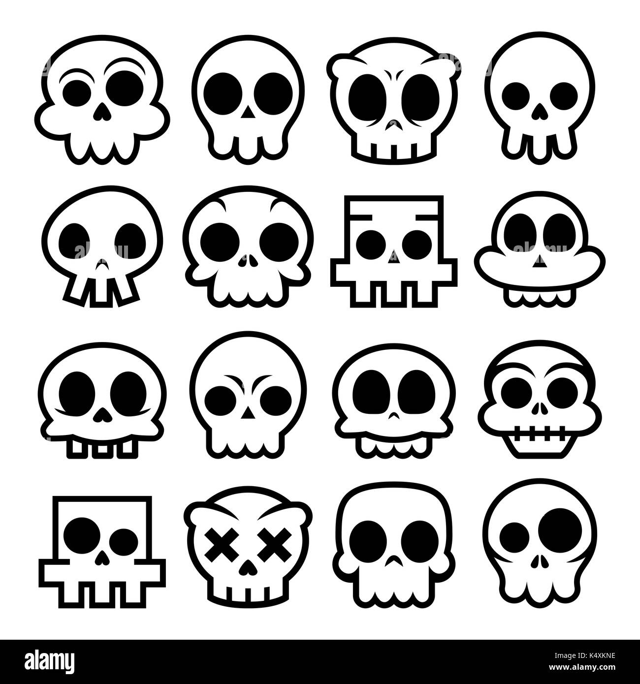 Halloween vector cartoon skull icons, Mexican cute sugar skulls design set, Dia de los Muertos Skull collection in black isolated on white, decoration Stock Vector