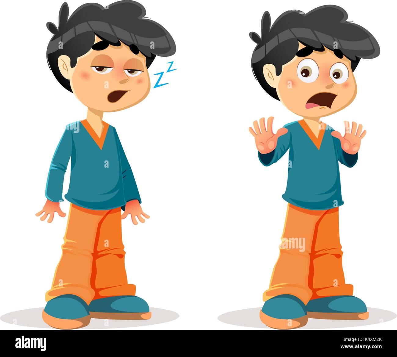 Vector Illustration of Sleepy Shocked Young Boy Body Language and Expressions Stock Vector