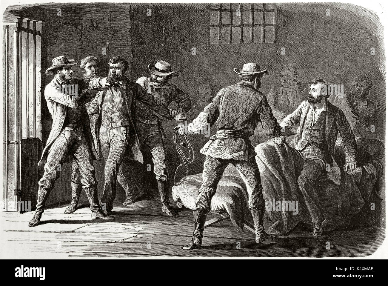 John Doy (activist for Missouri Slave Abduction) escaping from Missouri Jail by the help of a group of Kansas slavery abolitionists. By Janet-Lange published on Le Tour du Monde Paris 1862 Stock Photo