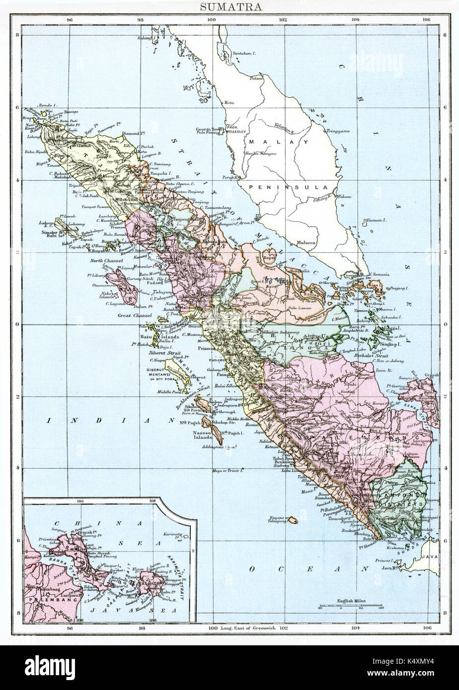 Antique map, circa 1875, of Sumatra Stock Photo