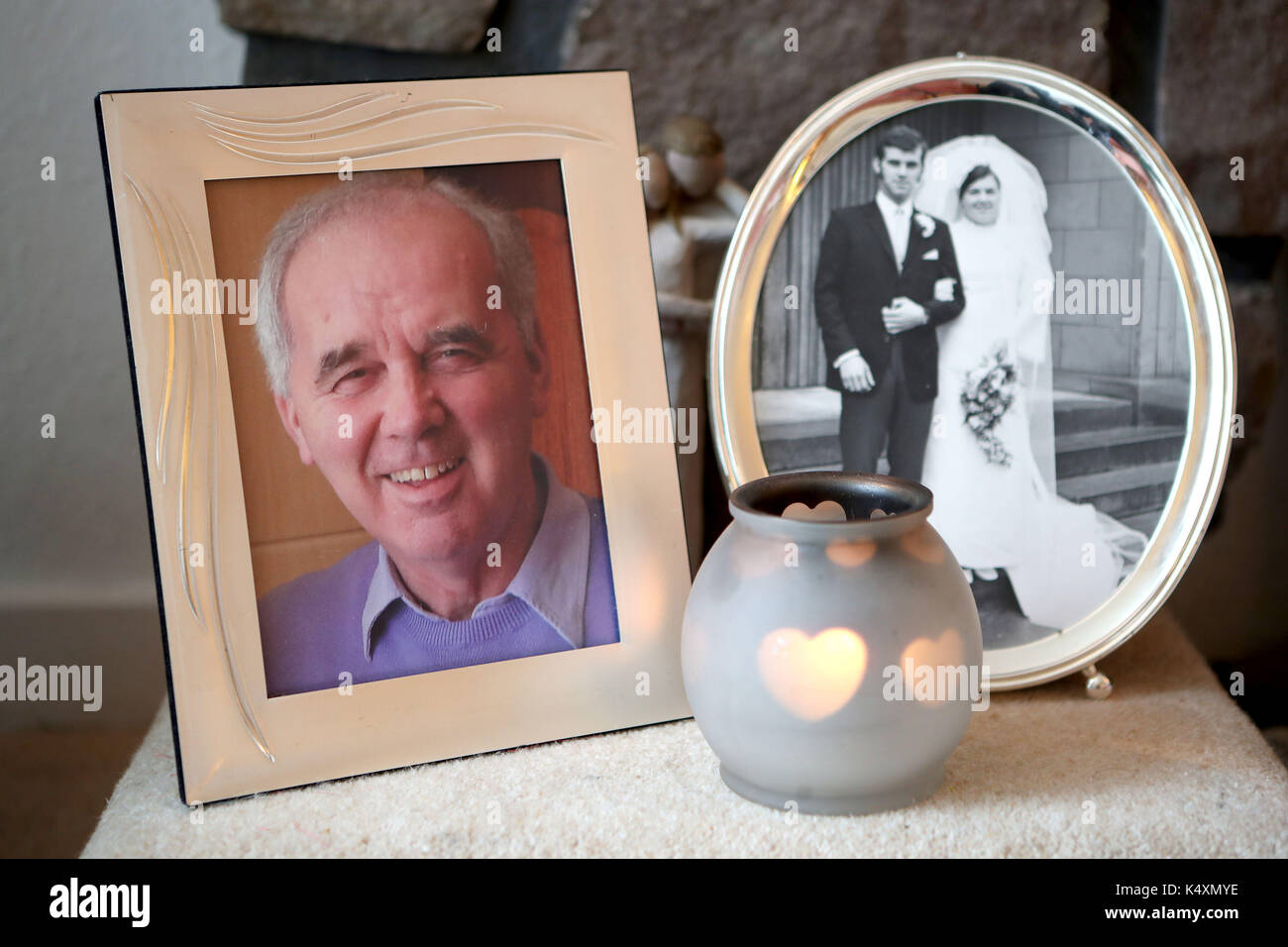 A wedding photograph of Amanda and Frank Kopel on their wedding day on 7 May 1969 and a portrait of the late Frank Kopel, taken in 2012, at their home in Kirriemuir, Angus, after Mrs Kopel successfully campaign for Frank's Law. Stock Photo