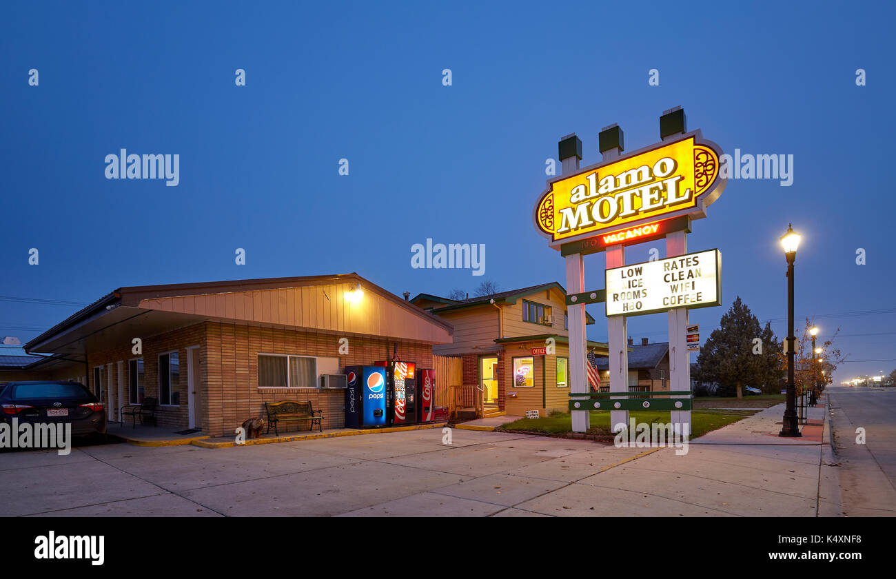 Sheridan, USA - October 30, 2016: Motel off I-90 at night. The name motel first appeared in 1926 (the Milestone Mo-Tel in San Luis Obispo, California) Stock Photo