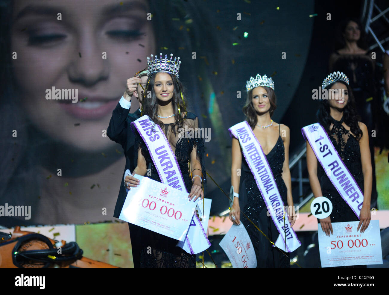 September 01,2017. Kiev, Ukraine. Miss Ukraine 2017, beauty pageant. Final contest. The National Palace of Arts 'Ukraina'. Polina Tkach, the winner. Stock Photo