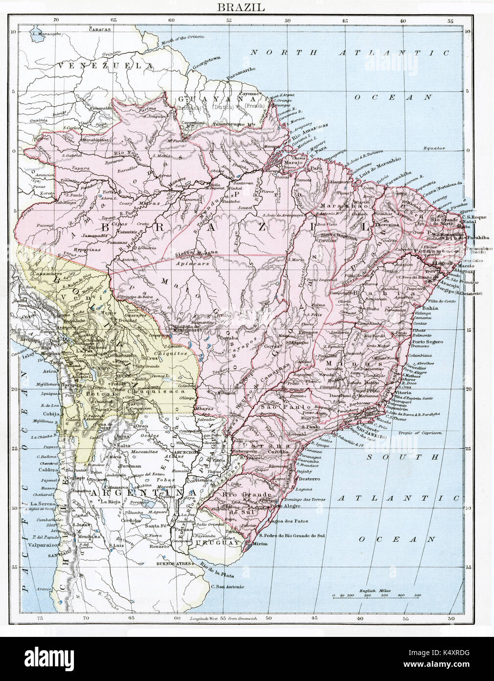 Antique map, circa 1875, of Brazil Stock Photo