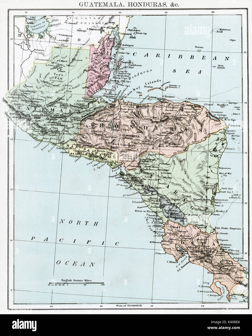 Antique map, circa 1875, of Guatemala & Honduras Stock Photo