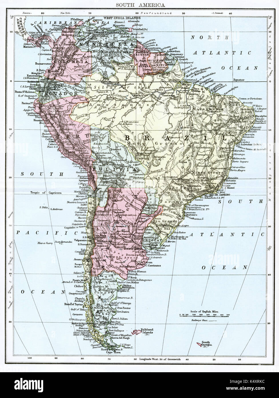 Antique map, circa 1875, of South America Stock Photo