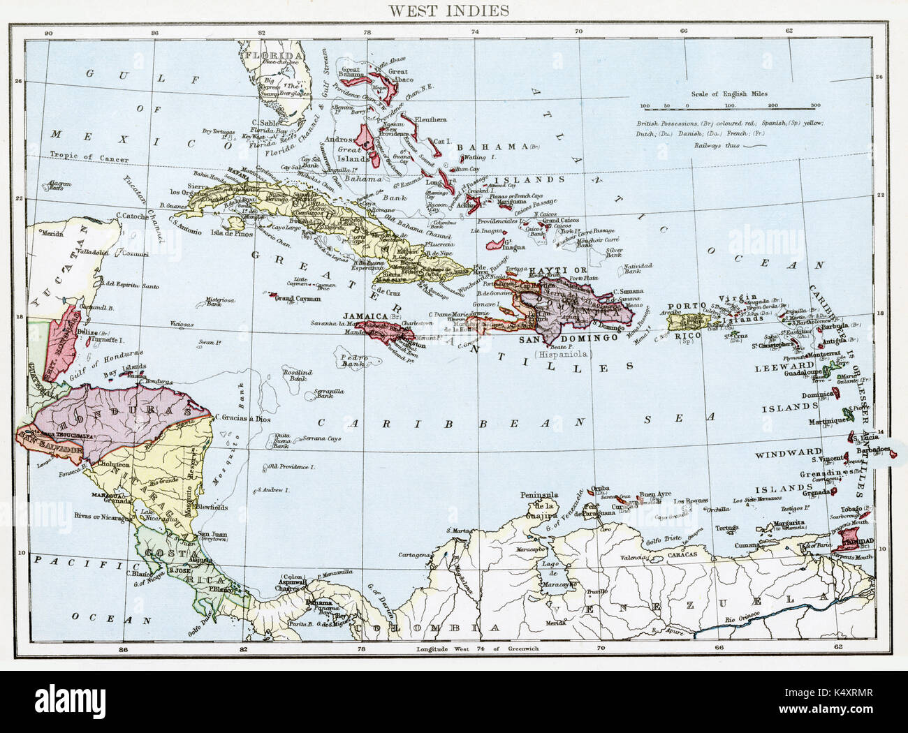 Antique map, circa 1875, of West Indies Stock Photo